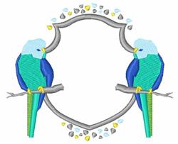 Vibrant budgerigars perched on branches, surrounded by a decorative frame, perfect for nature-themed decor.