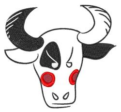 Cartoon bull head with curved horns and playful facial features, featuring bold red cheeks.