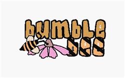 Playful bumble bee with pink flower, cheerful earthy tones, whimsical font spelling 'bumble bee'.