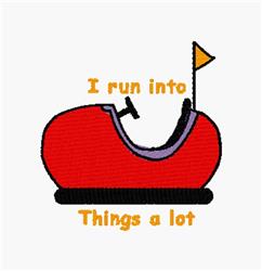 Playful cartoon red bumper car with vibrant orange flag and bright orange saying 'I run into Things a lot'.