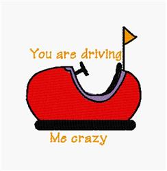 Playful red bumper car with a purple interior, topped with a yellow flag and cheerful orange text.