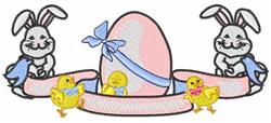 Playful bunnies stand beside a vibrant pink Easter egg with a blue ribbon, complemented by cheerful yellow chicks.