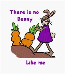 Playful cartoon bunny in a purple outfit beside vibrant carrots, celebrating Easter with cheerful text.