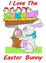 Colorful bunny with a blue scarf and festive chickens above a basket of vibrant Easter eggs; playful design.