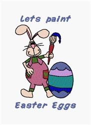 Whimsical bunny in pink overalls holds a paintbrush over a striped Easter egg, perfect for festive embroidery.