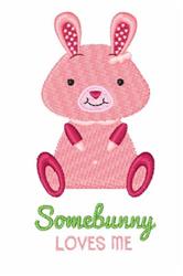Cute pink bunny with prominent ears and cheerful expression, 'Somebunny Loves Me' text in green, perfect for Easter.