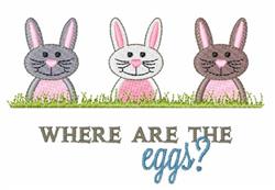 Three playful cartoon bunnies in gray, white, and brown with pink bellies, set in grass for a festive Easter theme.