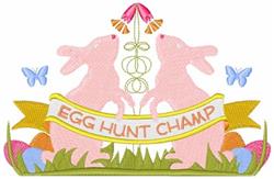 Playful design featuring two pink bunnies beside a banner reading 'EGG HUNT CHAMP', surrounded by colorful flowers and butter