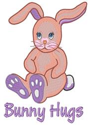 Playful bunny with large blue eyes and pastel pink and purple colors, featuring 'Bunny Hugs' text for Easter.