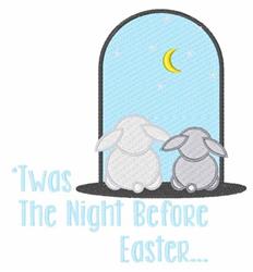 Two playful rabbits peering out of a rounded window under a crescent moon, set in a whimsical Easter night theme.