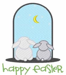 Two bunnies sit side by side in a playful Easter scene at a blue window, with a crescent moon above and green 'happy easter'