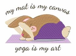 Playful bunny in yoga pose on a purple mat, featuring a pink accent. Whimsical design suitable for decor.