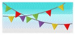 Colorful bunting flags in red, green, yellow, and purple on a soft blue background for celebrations.