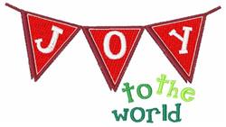 Playful bunting flags in red with bold white letters spelling 'JOY' and cheerful green text 'to the world'.