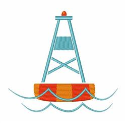 Colorful buoy with an aqua blue frame and orange stripes on playful aqua waves, vibrant nautical theme.