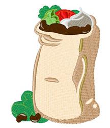 Colorful burrito with a light tan wrapper, vibrant green lettuce, red tomatoes, and creamy sour cream. Playful style.