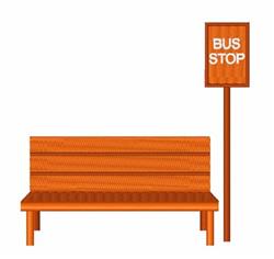 Stylized bus stop with an orange bench and sign, featuring a textured seating surface in a minimalist design.