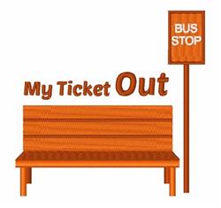 Bus stop bench in vibrant orange with a textured look, alongside a 'BUS STOP' sign and playful text 'My Ticket Out'.