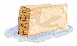 Realistic stick of butter with a melting effect, featuring a 'PARM' label on a playful blue background.