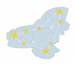 Whimsical butterfly outlined in light blue with yellow stars and white lines forming a constellation on a vibrant background.