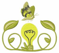Whimsical light bulb adorned with vibrant green leaves and a butterfly, showcasing a playful scene.