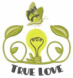 Whimsical light bulb design entwined with green leaves, featuring a butterfly above and 'TRUE LOVE' text below.