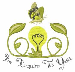 Whimsical butterfly above a bright yellow light bulb, surrounded by lush green leaves, cheerful and colorful design.