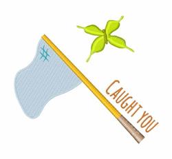 Playful butterfly net with blue mesh, yellow handle, and green butterfly above text 'CAUGHT YOU'.