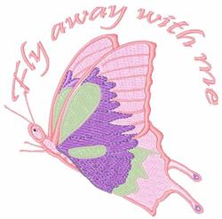 Colorful butterfly in pink, purple, and green with intricate details and the phrase 'Fly away with me.'