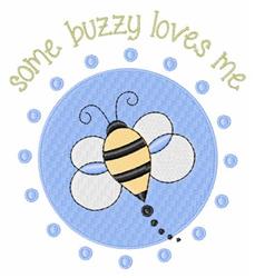 Cheerful bee in bright black and yellow stripes with white wings on a soft blue circular background. 'some buzzy loves me' te