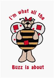 A whimsical cartoon bee with black and yellow stripes and red square patterns, springtime atmosphere.