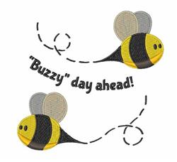 Playful cartoon bee design featuring two bright bees with dashed trails and cheerful text, perfect for spring.