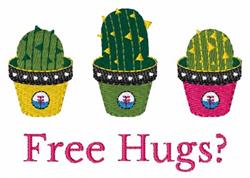 Playful cacti in colorful pots with yellow spikes, featuring 'Free Hugs?' text, perfect for home decor.