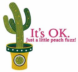 Playful cactus with several arms in a yellow pot with dots, featuring pink text that reads 'It's OK. Just a little peach fuzz