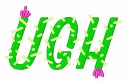 Playful cactus design spelling 'UGH' with vibrant green letters, pink flower accents, and white stitches.