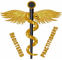 Caduceus emblem in gold detail with a black stick, wings, and snakes, perfect for medical-themed embroidery.