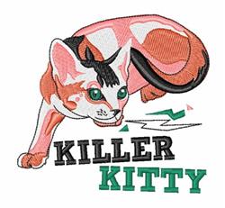 Cartoon calico cat leaping with orange, black, and white fur; bright green eyes and 'KILLER KITTY' text below.