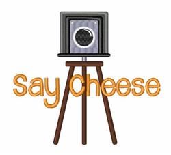 Vintage camera on a playful tripod with a round lens and 'Say Cheese' in bright orange, creating a whimsical design.