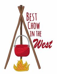 Campfire with a red pot over vibrant flames, supported by brown sticks, featuring the playful text 'Best Chow in the West'.