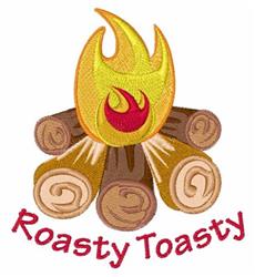 Playful campfire with vibrant yellow and red flames above wooden logs, featuring whimsical 'Roasty Toasty' text.