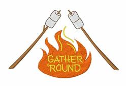 Playful campfire with colorful orange and yellow flames, flanked by marshmallows on sticks, celebrating outdoor gatherings.