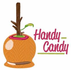 Playful candy apple in warm orange with a brown stick and green leaf, featuring pink 'Handy Candy' text, perfect for fall dec