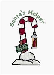 Colorful candy cane with red and white stripes, North Pole sign, and glowing lantern, perfect for Christmas.
