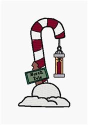Whimsical candy cane with red and white stripes, green 'North Pole' sign, glowing lantern, and white snow. Perfect for Christ