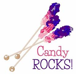 Playful candy sticks with pink and purple swirls, text 'Candy ROCKS!' in vibrant font, suitable for kitchen towels.