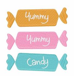 Three candy wrappers stacked vertically with vibrant orange, pink, and turquoise colors, perfect for celebrations.
