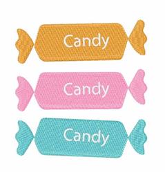 Playful candy wrappers in orange, pink, and turquoise with 'Candy' embroidered in white, perfect for Halloween.