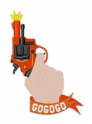 Cap gun design in bright orange with a white hand pulling the trigger and a vibrant red 'GOGOGO' banner.