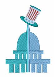 Capitol building adorned with a colorful top hat featuring red and white stripes, perfect for patriotic holidays.