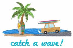 Playful car with surfboards, palm tree, and water in a vibrant summer beach scene.